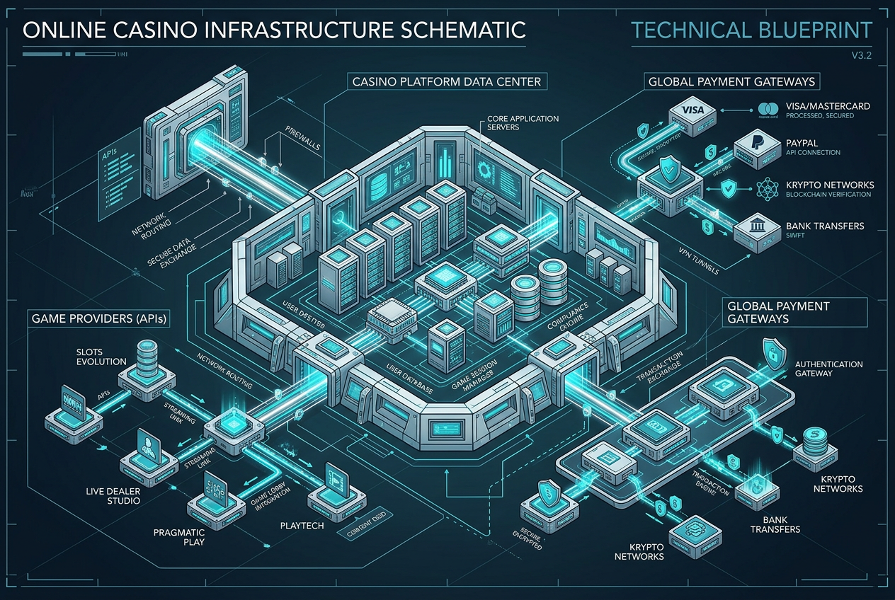 Technické schéma infrastruktury mezinárodního online casina propojující servery a platební brány