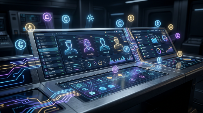 Futuristické digitální rozhraní anonymního online casina s krypto symboly