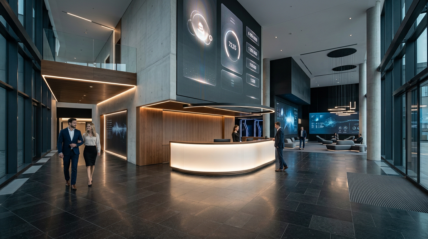 Futuristické lobby moderního kasina s digitálními obrazovkami a elegantním designem