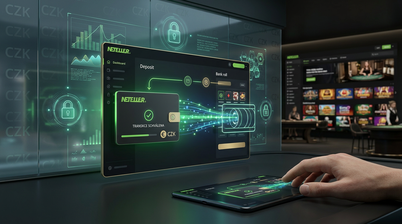 Futuristické zobrazení digitální peněženky Neteller v prostředí online kasina