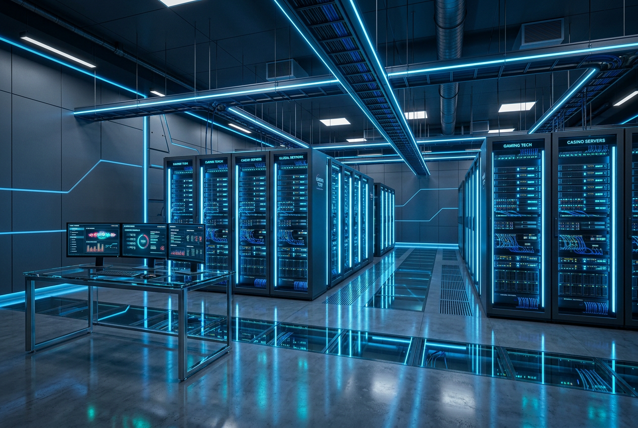 Moderní serverová architektura online kasina s neonovým osvětlením