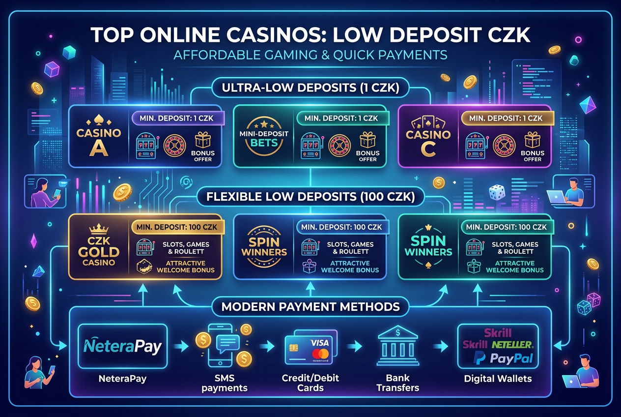 Infografika nejlepších kasin s nízkým vkladem v roce 2026 s logy NeteraPay a SMS plateb